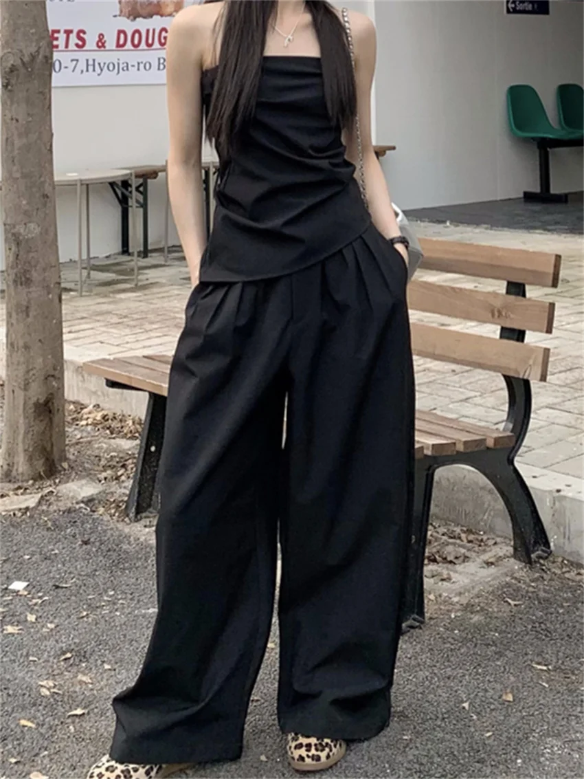 PLAMTEE High Street Women Suits Chic Tank Tops Casual 2024 Elegant Wide Leg Pants Straight Office Lady Fashion Summer Sets