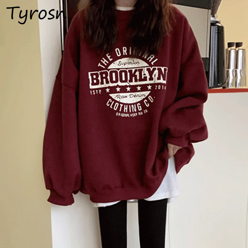 

Sweatshirts Women Letter Printed Autumn Plus Velvet O-neck Long Sleeve Tops Korean Style Students Vintage Fashion Daily Cozy