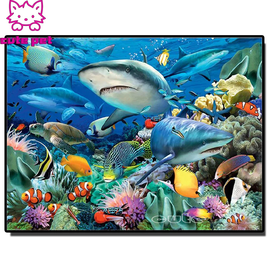 3D Full Resin Square Diamond Painting Underwater world shark Diamond embroidery fish 5D Mosaic Cross Stitch Home Decoration