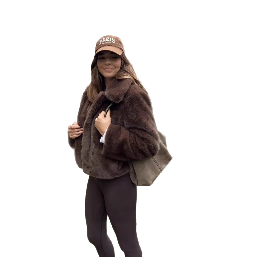 Retro Brown Winter Woman Faux Fur Coat Fluffy Lapel Collar Short Detailed Faux Fur Coat For Lady Minimalist Female Mink Fur Coat