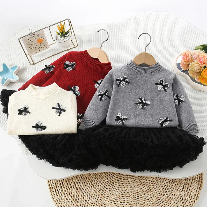 2025 New Autumn  2-6Yrs Baby Girls Clothing Set Children Clothes Suit Long Sleeved Knitted Pullover Sweater+Lace Short Skirt