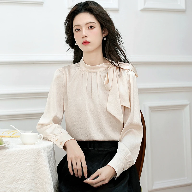 2025 primavera nueva manga larga cuello redondo Mujer blusa arco sólido gasa blusa camisa Mujer Tops Camisas De Mujer Blusas De Mujer N356