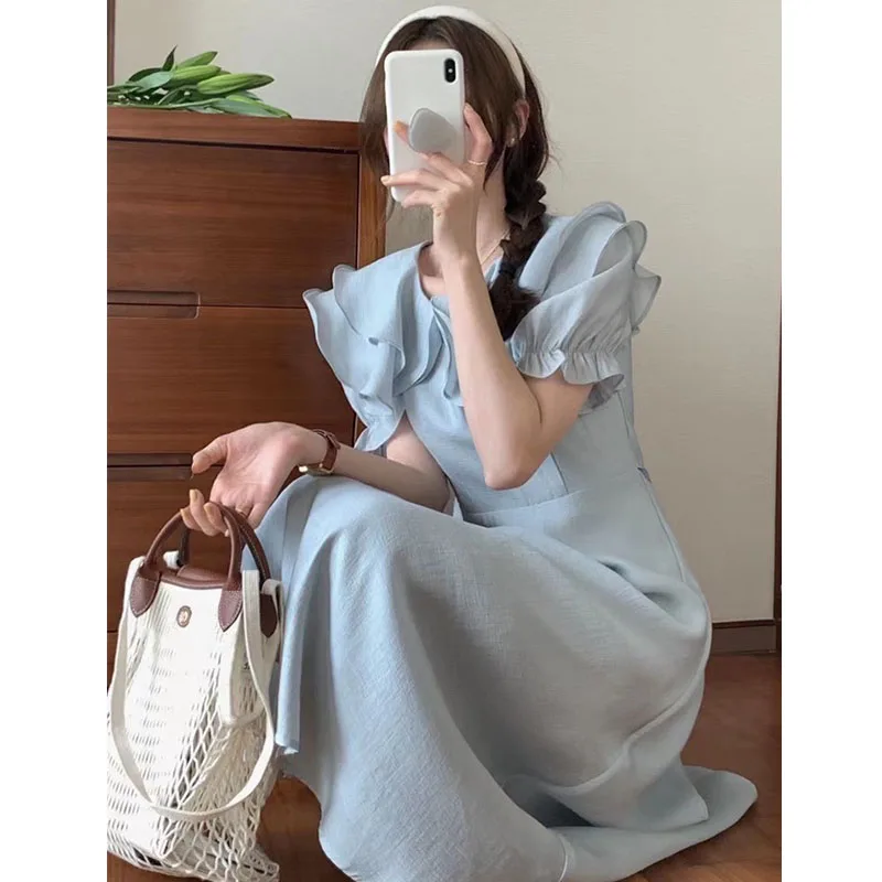 Vestido Longo F de Verão E com Gola Dobrada em Camadas, Cintura Ajustável e Mangas Bufantes em Cor Sólida