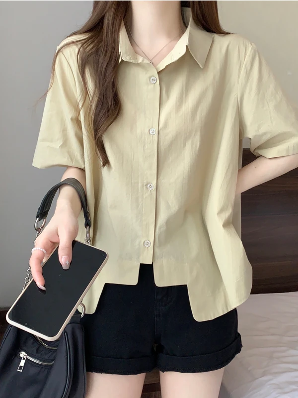 

Женская летняя свободная черная асимметричная блузка больших размеров с коротким рукавом, повседневный универсальный топ из полиэстера, стройнящий силуэт