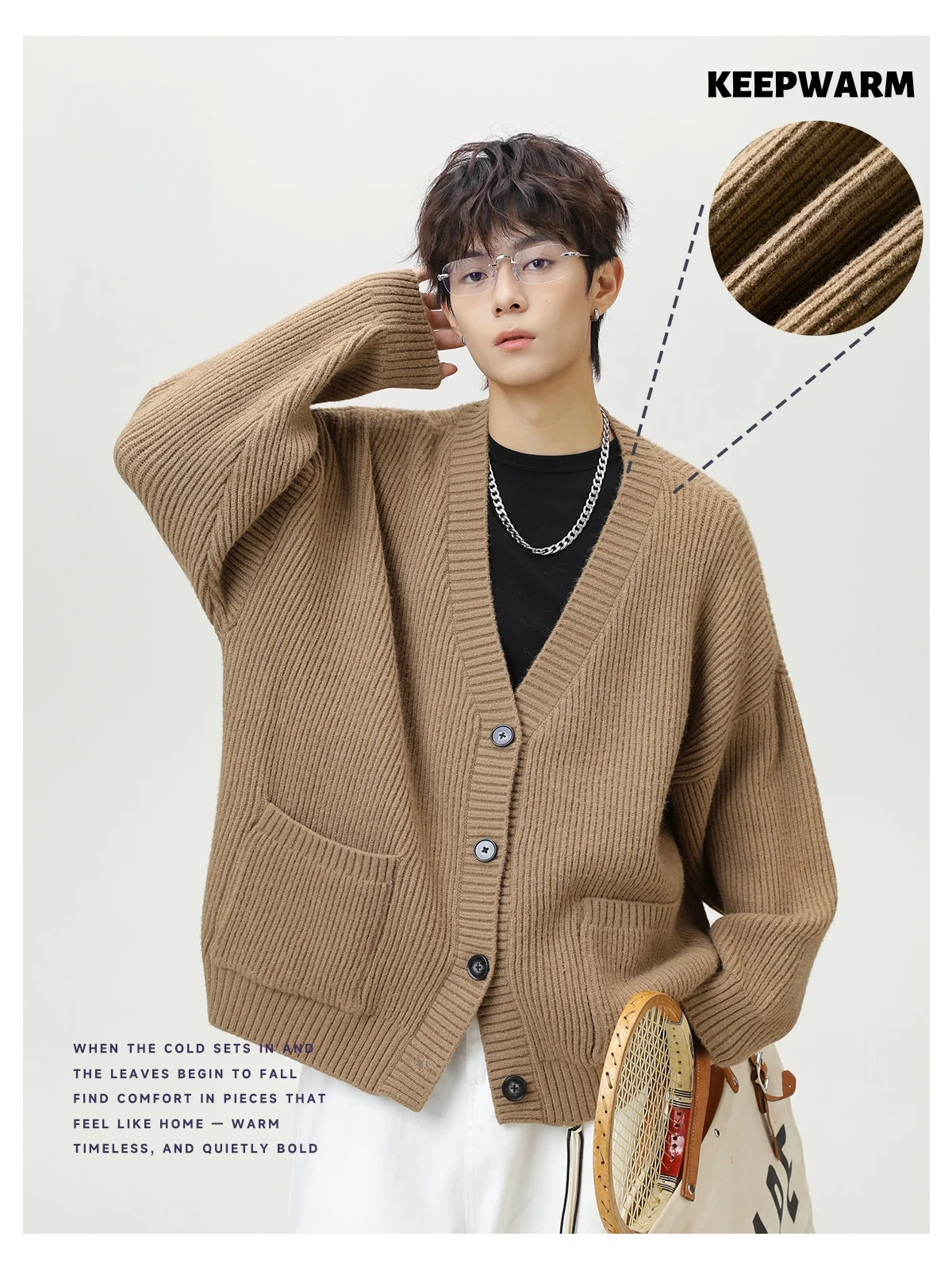 

Thick Needle Texture Thickened Lazy Wind Cardigan Sweater Men's Autumn Winter Keep Warm Retro Solid V-Neck Knit Sweater Jacket