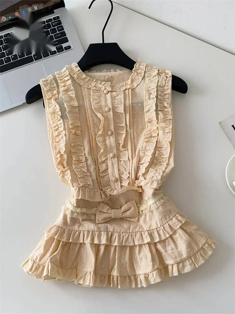 

Elegant Office Lady Blouse Summer Sleeveless O Neck Shirred Slim High Quality Tops Female Tierred French Sweet Shirt