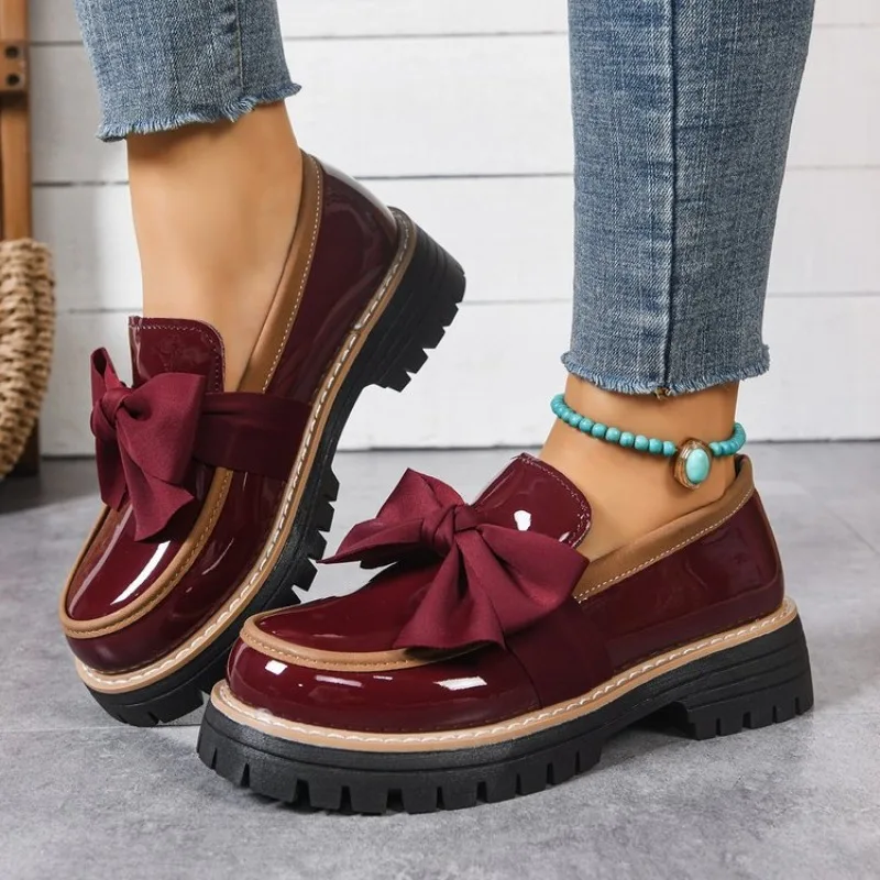 

Women's Bow Platform Loafers Fashion Patent Leather Dress Oxfords Shoes Woman Comfortable Slip on Flat Shoes Plus Size 36-43
