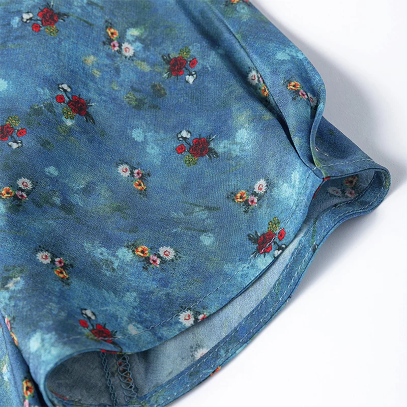 Robe mi-longue en soie pour femmes, 100% soie de mûrier, bleu foncé, petit imprimé Floral, manches courtes, Type queue de poisson, robe longue, M1428