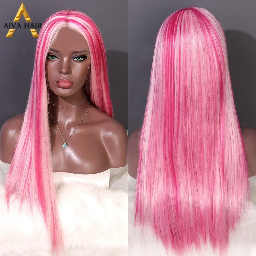 

AIVA Highlight Pink Synthetic Wig Preplucked Long Straight Drag Queen Wig Heat Resistant Cosplay 13x4 Lace Front Wigs for Women