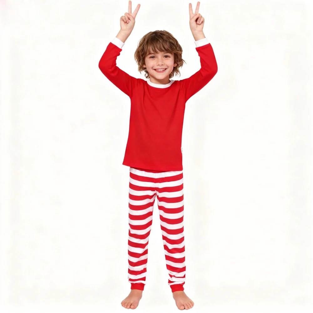 Boys Girls Christmas Pajama Sets Red Top with Striped Pants Long Sleeve Pijama Children Sleepwear kids Pjs for Xmas Festive view 2