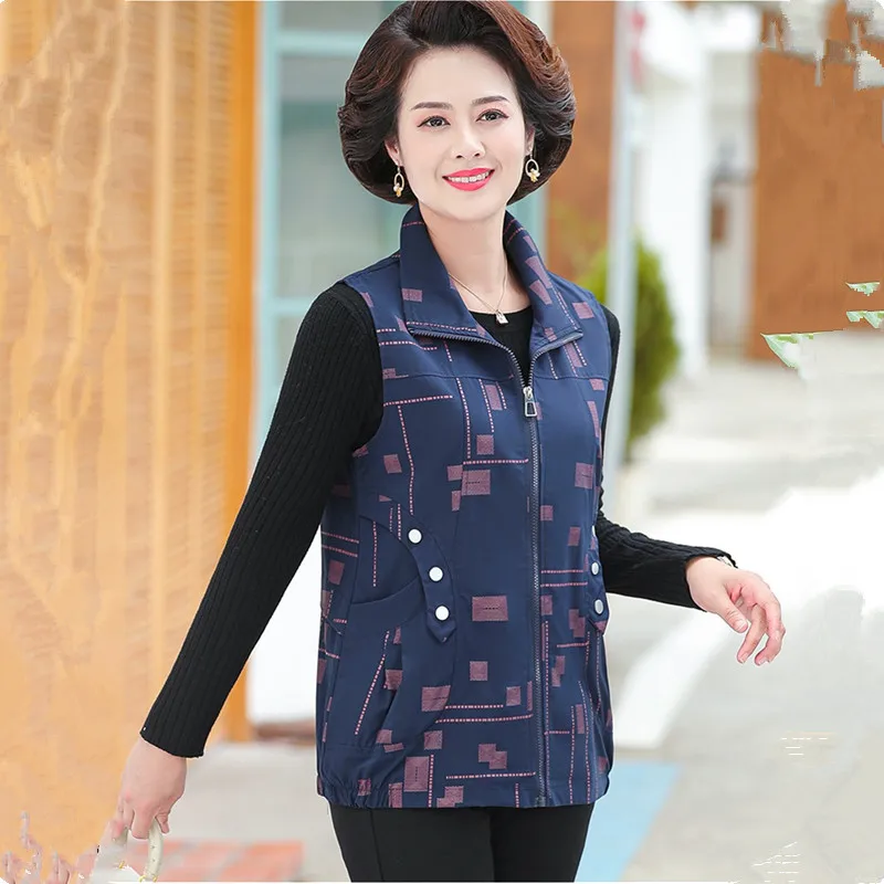 UHYTGF 2022 Spring Autumn Vest Women Jacket Middle-Aged Elderly Female Coat Print Korean Loose Big Size Waistcoat Chaquetas 2072