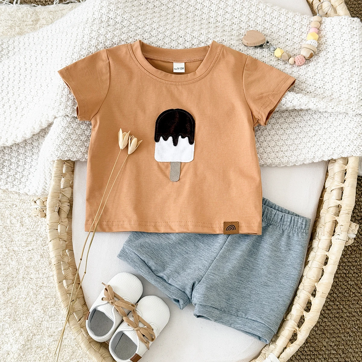 New Korean Baby Boy Summer Clothes Leisure Cute Ice Cream Patchwork T-Shirts+Shorts Suit Baby Girls Clothing Sets 2Pcs/set