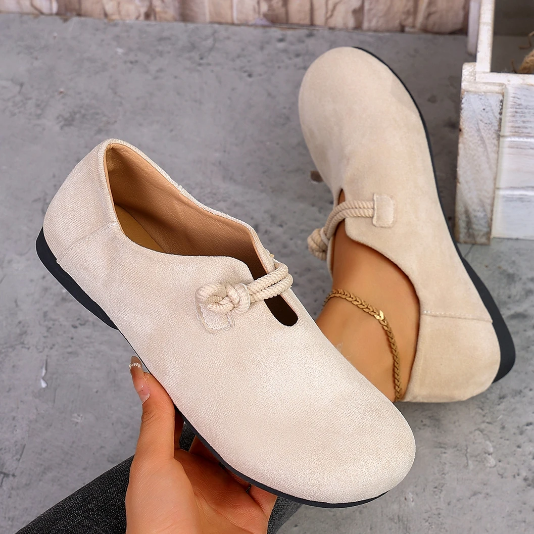 Damen-Loafer mit runder Zehenpartie, geknotetem Seilriemen, Slip-On-Schuhe, weiches Wildleder, bequem, rutschfest, lässige Damen-Flachschuhe für den täglichen Gebrauch. – Detail 10