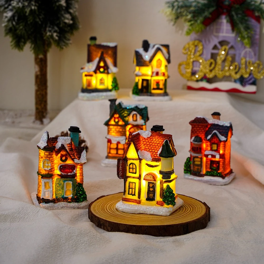 Xmas Decoration Resin Christmas House Micro-landscape Luminous Snow House Ornament Christmas Gift with 3 LR41 Button Electronic