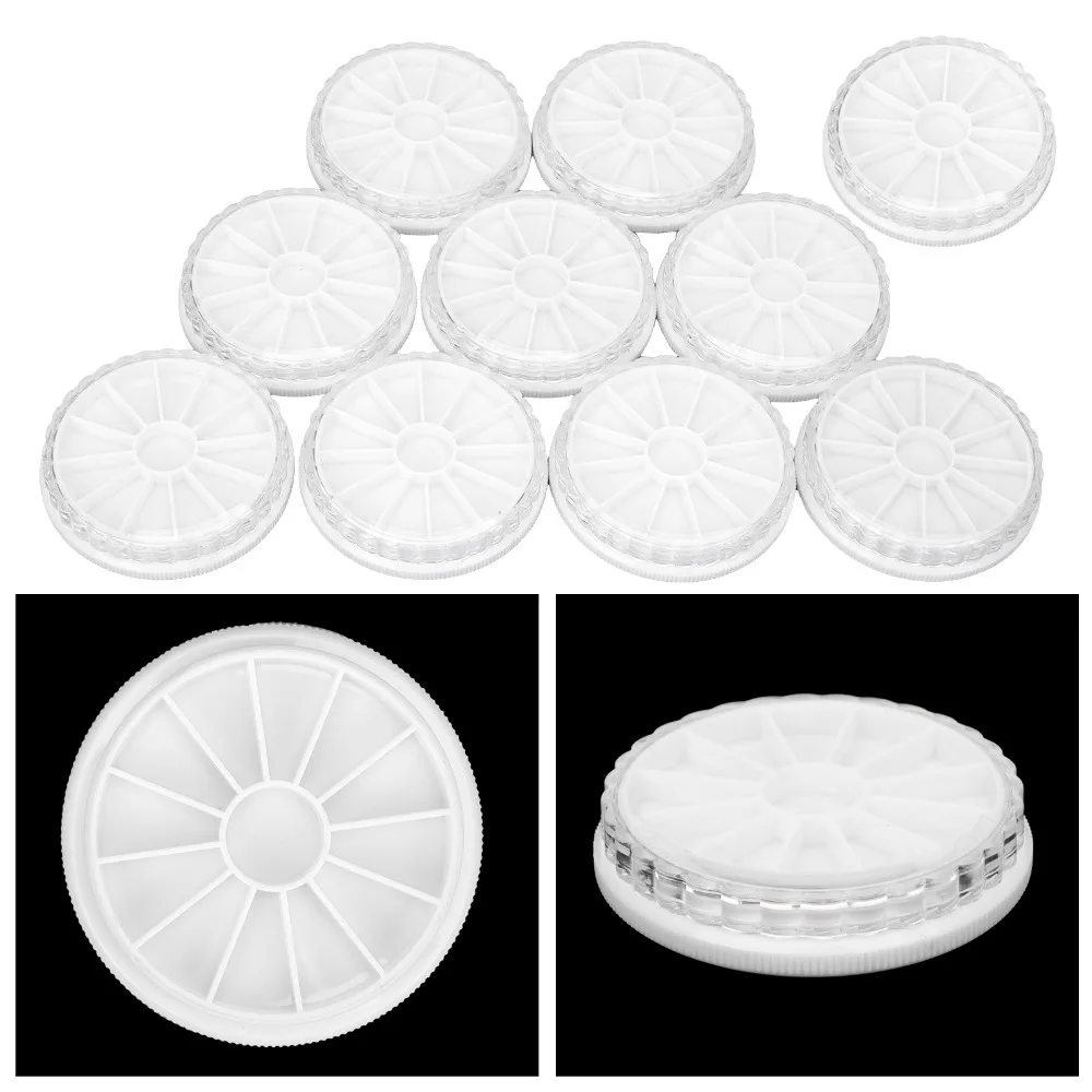 10pcs Round Shape Round Nail Art Decoration Storage Box Transparent 12 Compartments Transparent Jewelry Bead Organizer