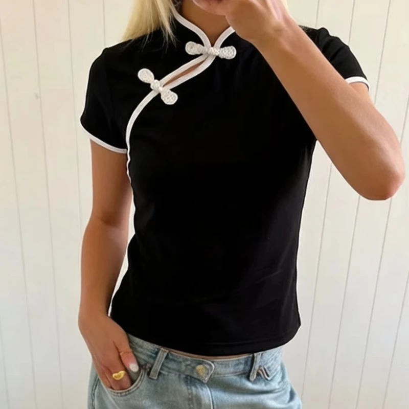 New Chinese Button Aesthetic Design Upper Garment Y2K Retro Street Fashion Slim Cheongsam Collar Women's Short Sleeve T-Shirt