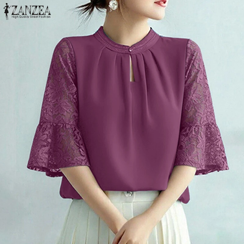 

ZANZEA 2026, элегантная женская блузка, летняя кружевная рубашка Patcwhork, повседневные рабочие топы с короткими рукавами, стильная праздничная туника Mujer Femme