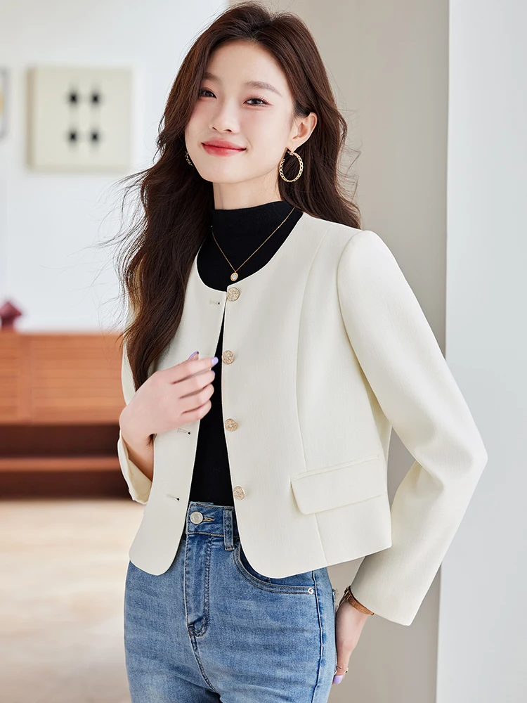 

Стильная бежевая женская куртка в повседневном стиле, новинка 2026 года, весна-осень, модный укороченный жакет, маленький размер, для повседневной носки, ветрозащитная