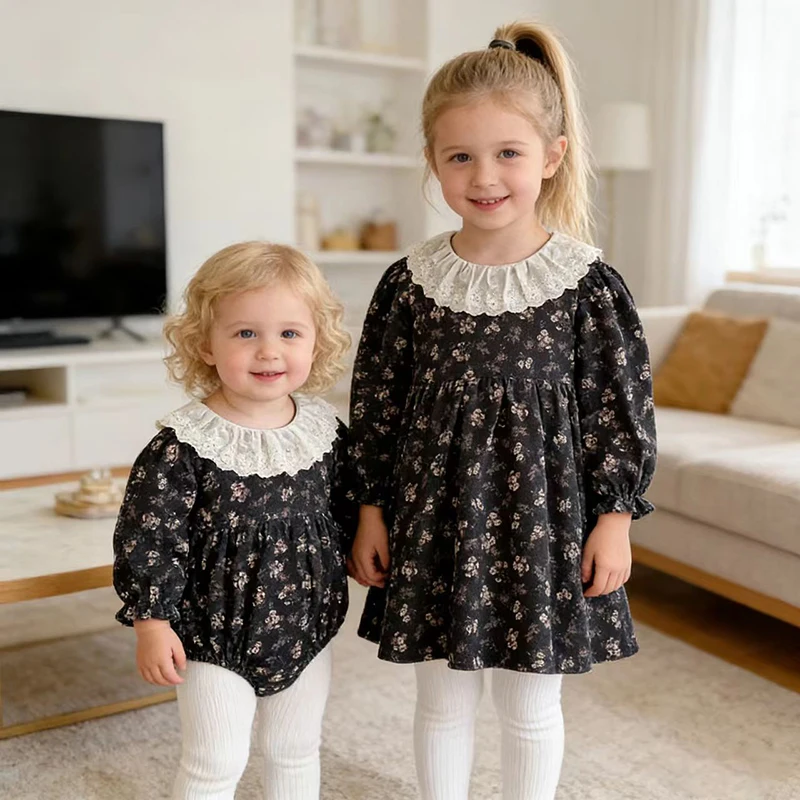 2026 New Spring Sister Dress Long Sleeved Cotton Kids Dress 0-24M Baby Printed Splicing Romper 2-6Yrs Girl Party Princess Dress