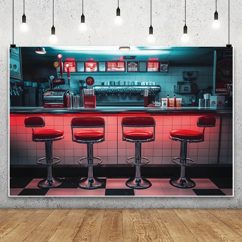 50'S Bar Soda Shop ฉากหลังสําหรับถ่ายภาพ American Diner Fast Food Portrait ถ่ายภาพพื้นหลัง Photo Studio Prop