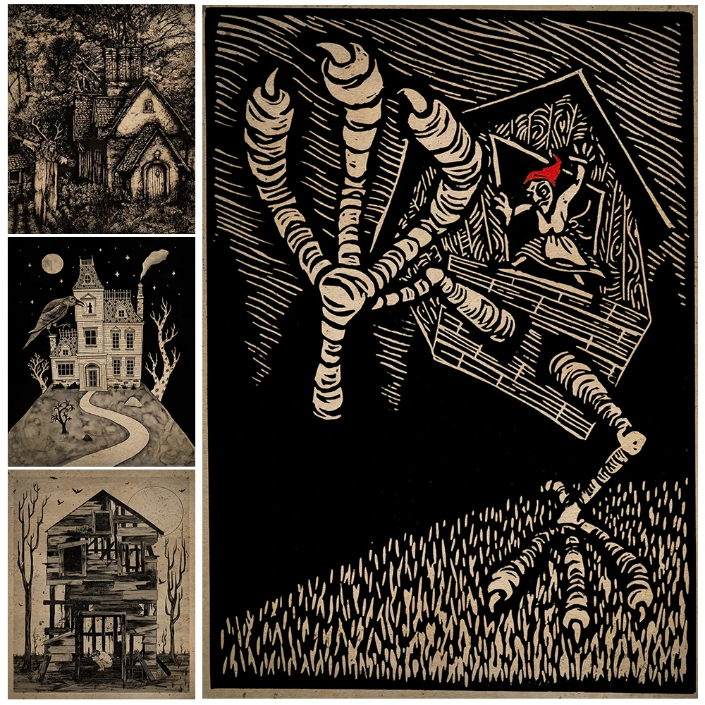 

Shadows Of The Haunted House Vintage Wall Art Canvas Painting Baba Yaga House Retro Art Poster And Print For Living Room Decor