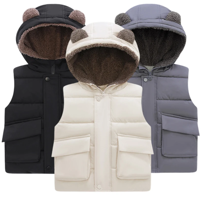 Children Hooded DownVest  2026 Autumn Winter Baby Boy Girl Cartoon Bear Ears Thick Warm Waistcoat Kids Clothes Sleeveless Jacket