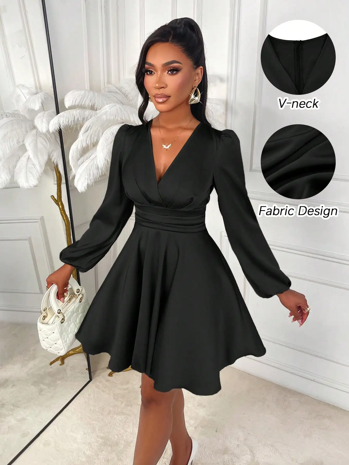 

Black V-Neck A-Line Satin Mini Dress with Puff Sleeves for Parties & Events