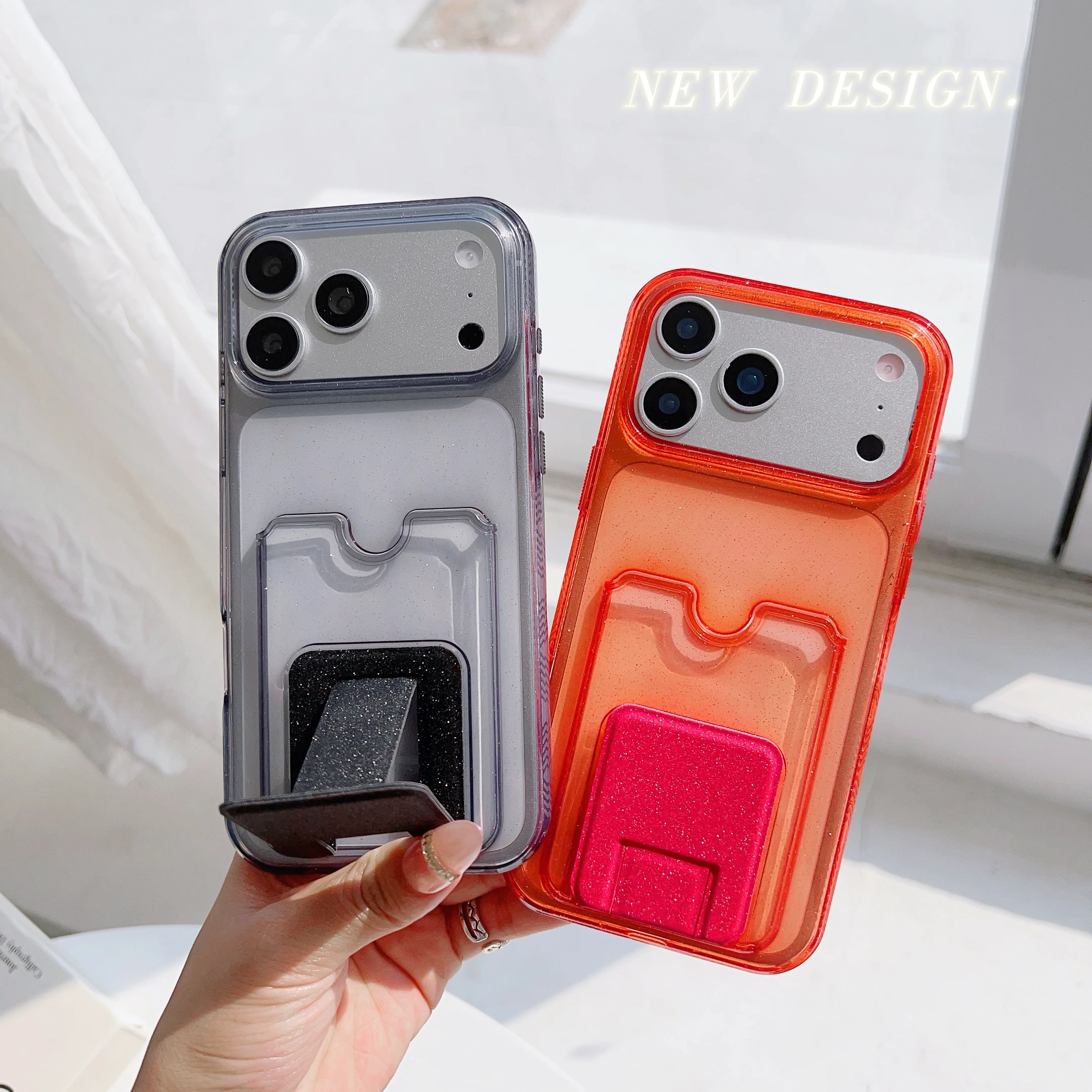 Glitter Bling ATM ID Card Holder Slot Phone Case For iPhone 17 16 15 14 13 Pro Max Plus Air Photo Pocket Clear Wallet Cover