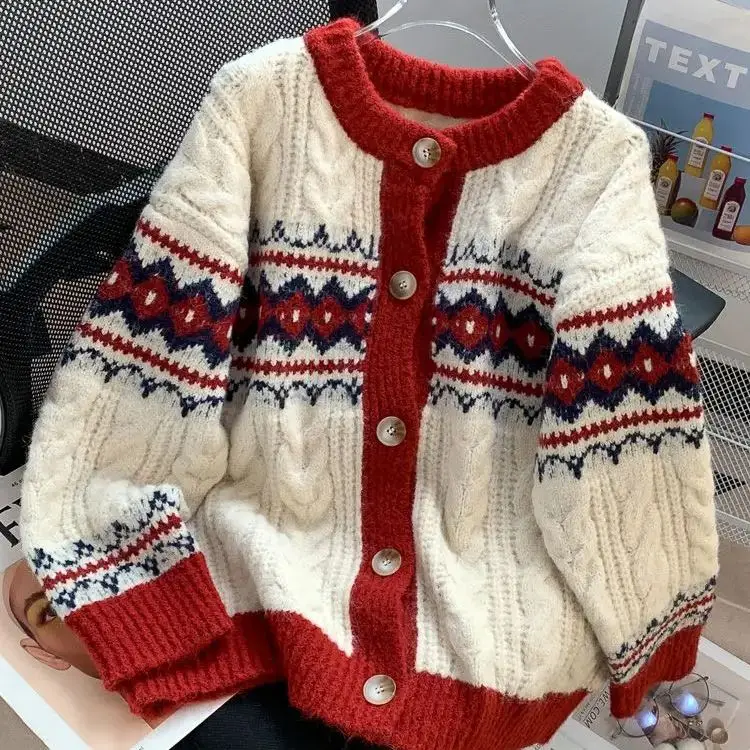 

Christmas Sweater Cardigan Jacquard Round Neck Women Retro Autumn Winter Loose College Wind Thick Knit Chic Joker Sweater