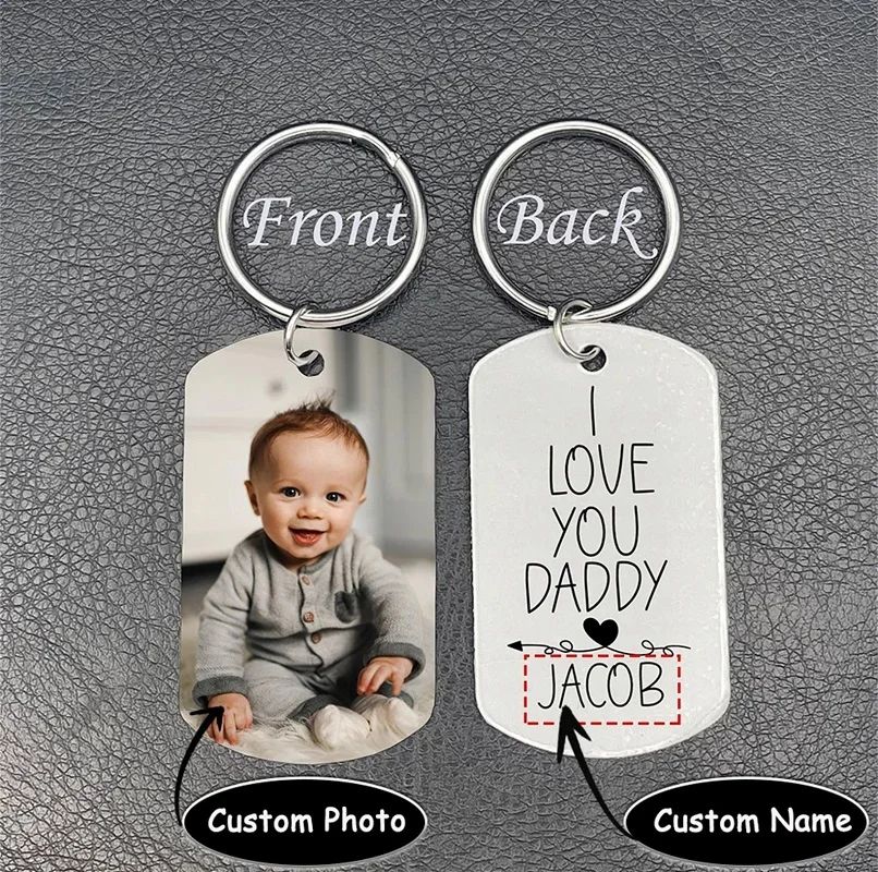 

Custom Kids Picture Keychain for Dad,Engraved Baby Name Photo Keyring, Personalized Anniversary Gifts for Him,Father's Day Gift