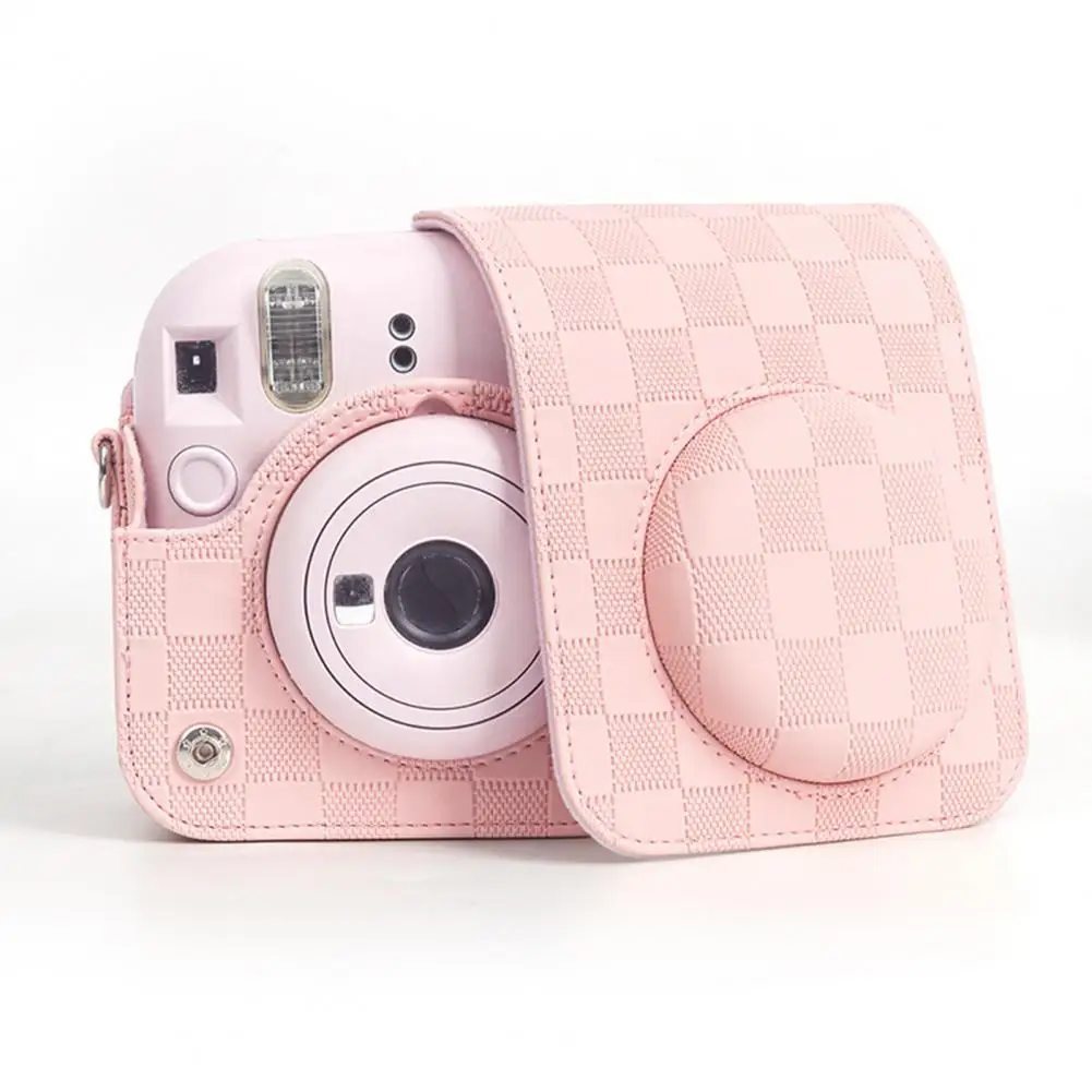 Faux Leather Camera Bag Checkerboard Design Shockproof Detachable Shoulder Strap Camera Bag Cameras Case for Polaroid Mini12