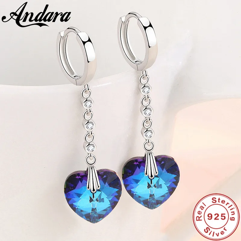 925 Sterling Silver Earrings Heart-Shaped Blue Crystal  Zircon Long Earrings For Women\'S Wedding Fashion Jewelry Gifts