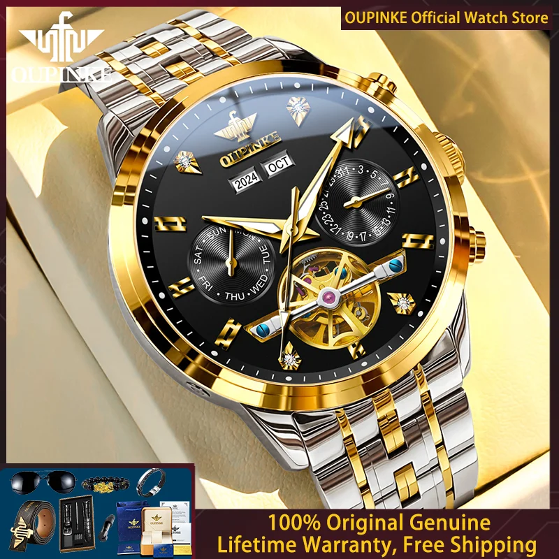 

OUPINKE 3248 Original Men Mechanical Watch Skeleton Flywheel Waterproof Multi functional Watch Luxury Brand Automatic Men Watch
