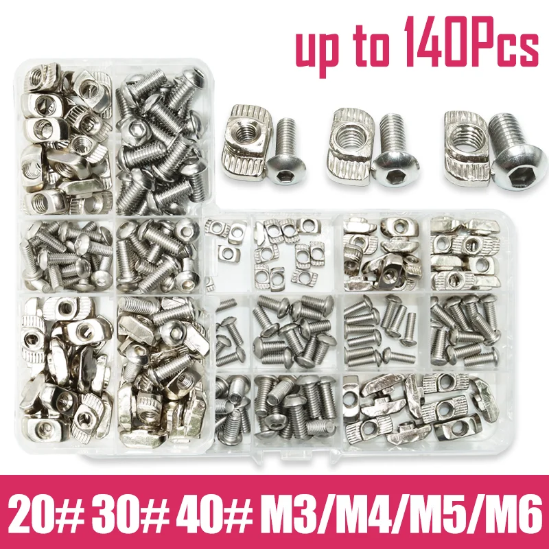 

Stainless Steel M3 M4 M5 M6 Hex Button Head Screw and T-nut Set Hammer Drop In T Ship Sliding Nut 20 30 40 EU Aluminum Extrusion