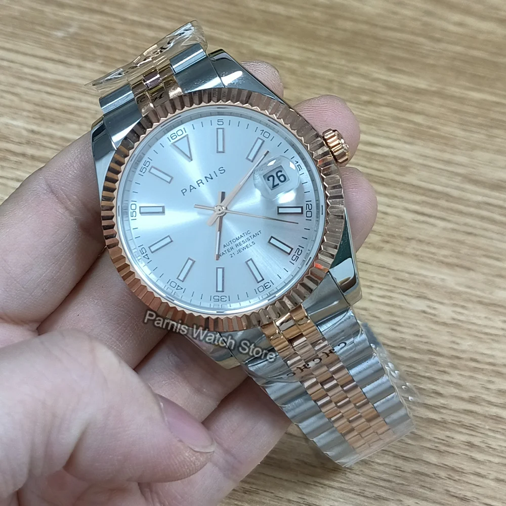 Parnis 39,5 mm Japan Miyota8215 Automatikwerk, weißes Zifferblatt, leuchtende Marker-Herrenarmbanduhr