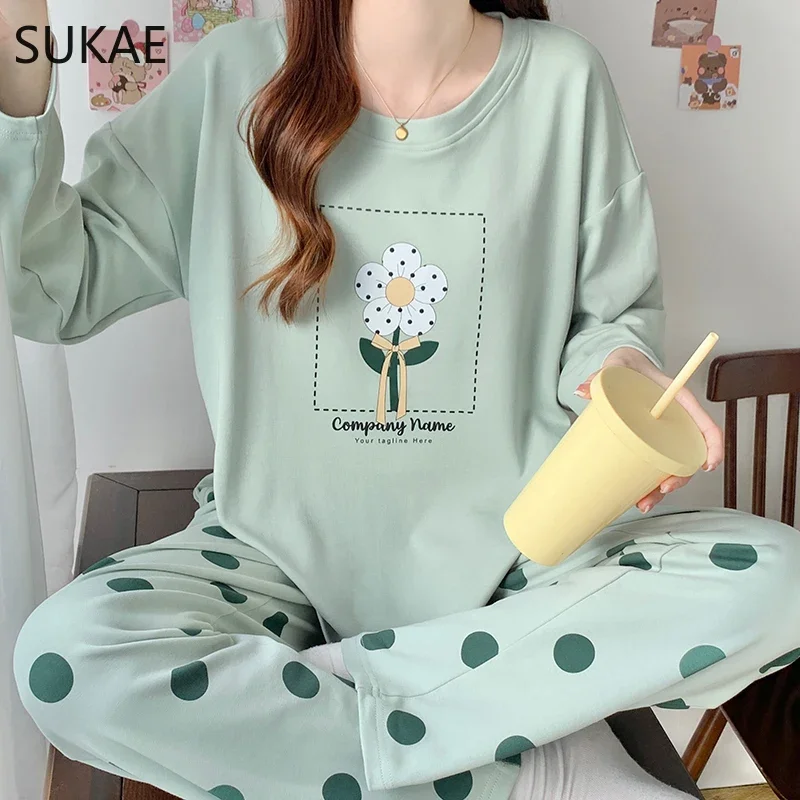 SUKAE-Conjunto de pijama con estampado de cachorro rosa para mujer, ropa de dormir Coreana de manga larga con cuello redondo, de algodón de