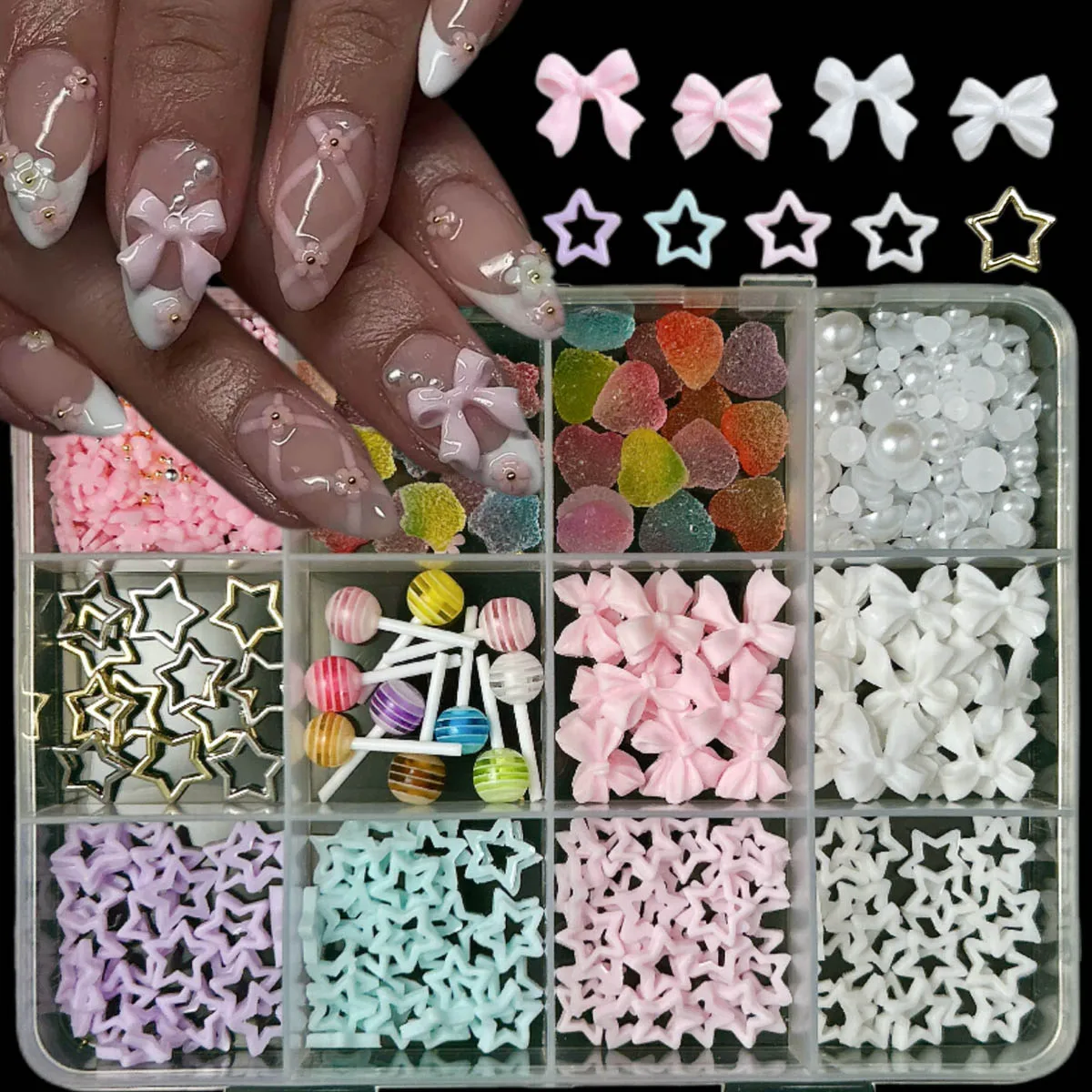 1박스 크리에이티브 프로스티드 퍼지 하트 롤리팝 레진 네일 아트 장식 3D 속이 빈 단색 별 미니 꽃 네일 참 DIY