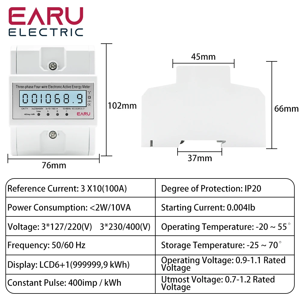 Din Rail AC 230 380V 3 Phase 4 Wire Energy Meter Power Consumption Monitor kWh Meter Wattmeter Bivolt 100A 50/60Hz LCD Backlight