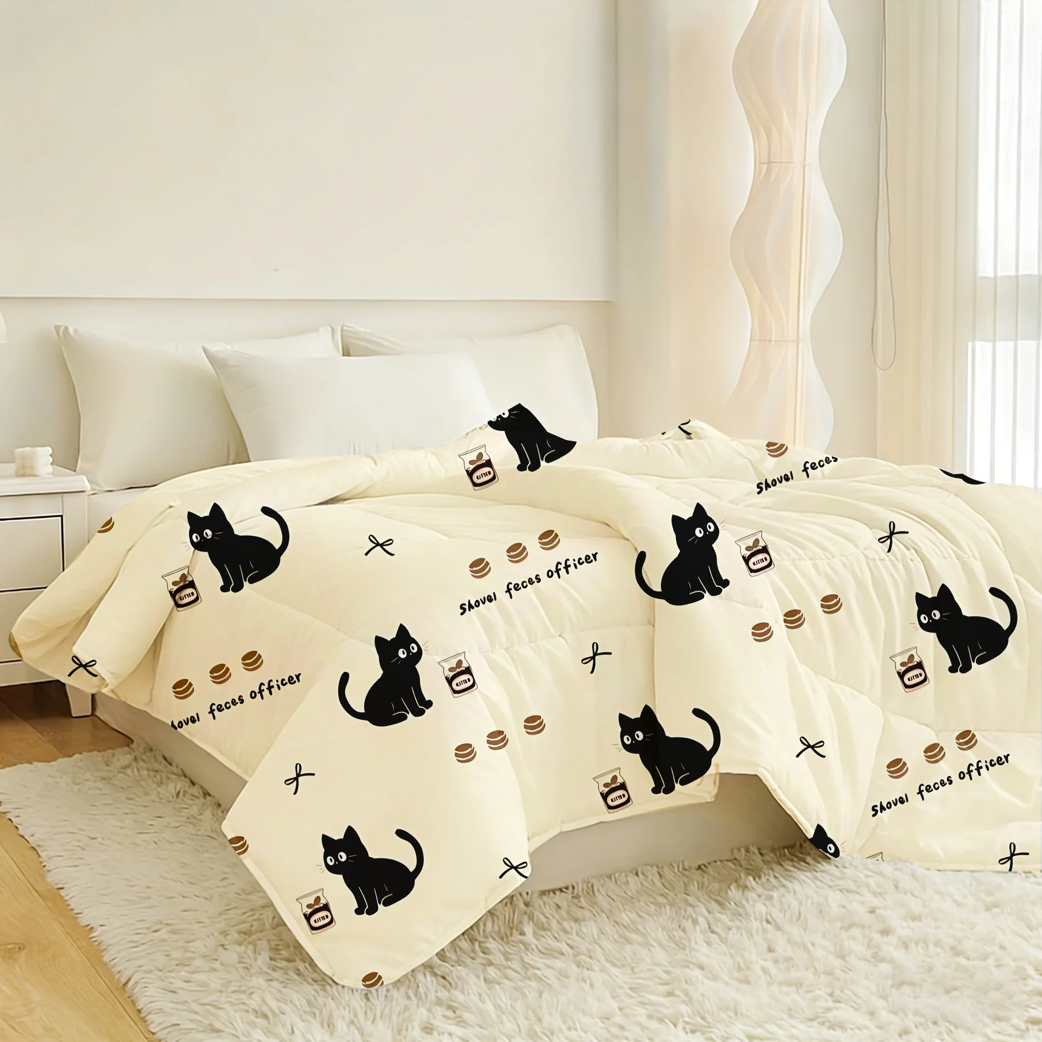 1pc Modern Minimalist Cat & Bread Print Quilt Core (Includes 1 quilt core only, no pillowcases or pillow inserts)