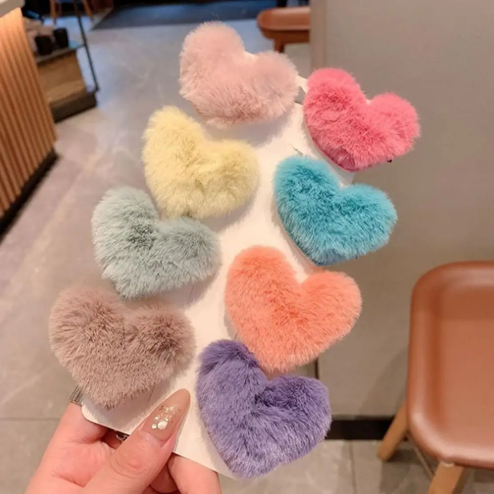 Winter Women Hair Pin Sweet Plush Faux Mink Fur Elegant Anti-slip Love Heart Shape Children Side Hair Clip Headwear