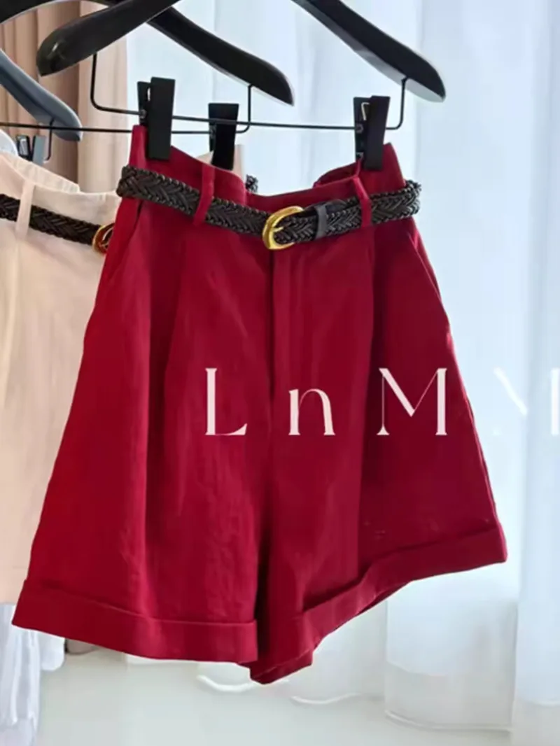 New Summer Wide Leg Shorts Women Retro Elegant Casual High Waist Pleated Office Red Linen  All Match Soft