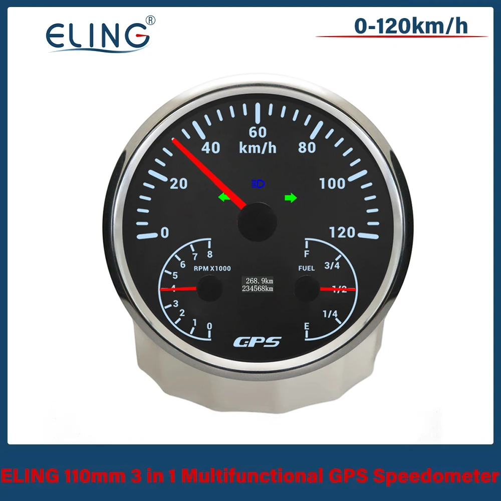 ELING 110mm 3in1 Multifunctional 120 200 KM/H MPH GPS Speedometer with 8000RPM Tachometer Fuel Level with Backlight for Car Boat