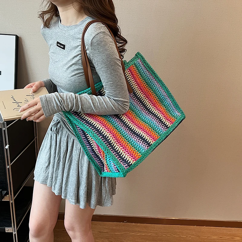 LEFTSIDE Stripe Big Straw Tote Bags for Women 2024 Y2k Fashion Summer Shoulder Bags Handbags and Purses Weave Beach Bag