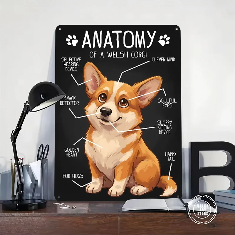 Welsh Corgi Anatomy Funny Dog Printed Poster Customized Retro Wall Art Vintage Metal Tin Signs for Home Desk Decor House Items