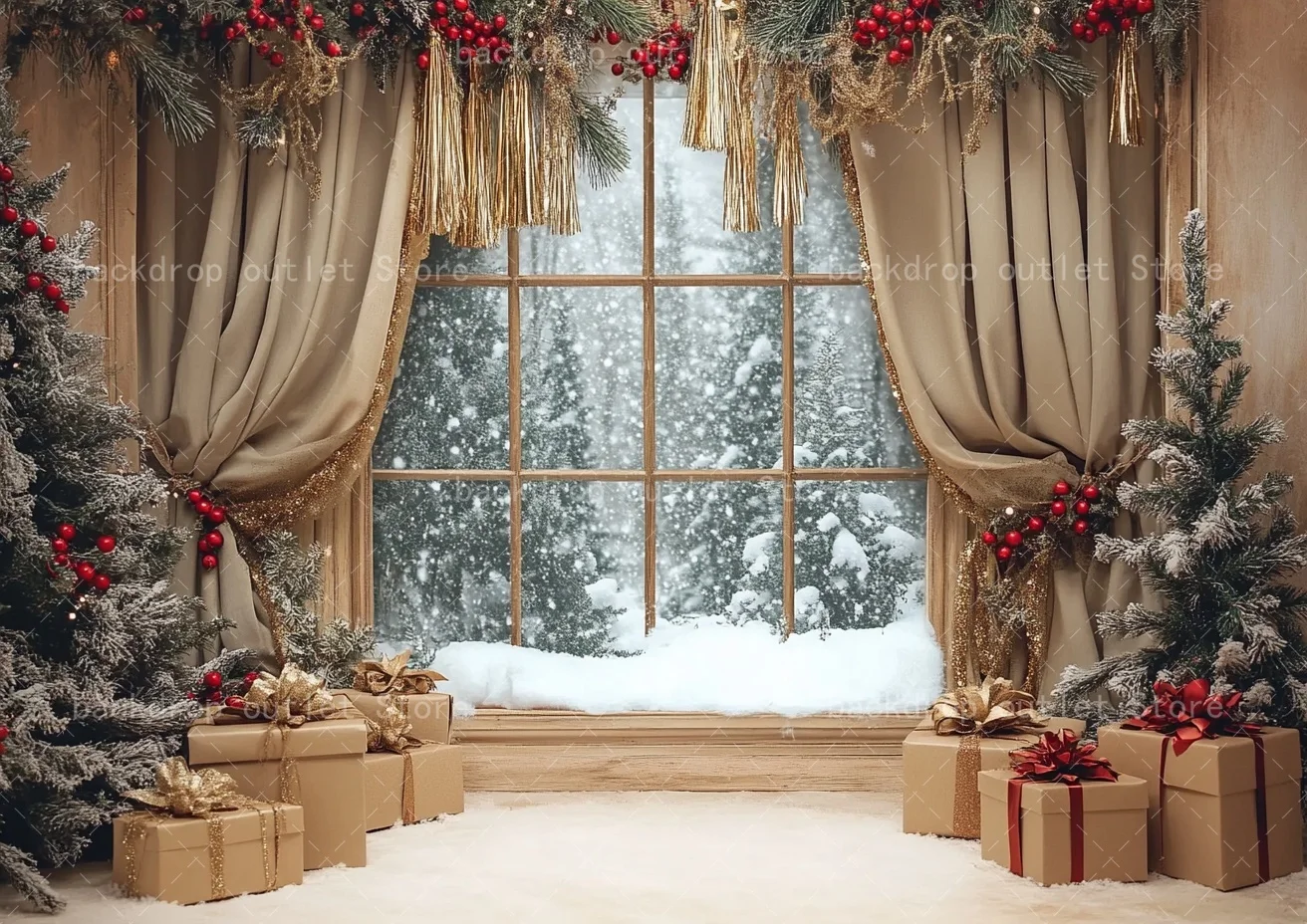 Mehofond عيد الميلاد نافذة الستار خلفية التصوير الفوتوغرافي شجرة عيد الميلاد شرابة مشهد ثلجي التصوير خلفية الصورة استوديو الدعامة