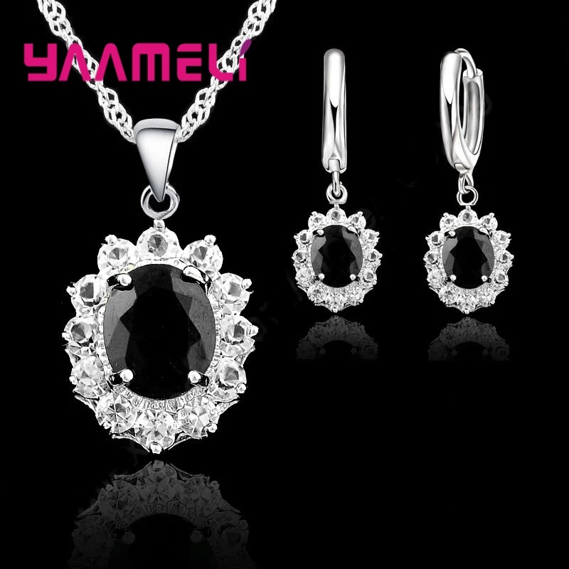 

925 Sterling Silver Needle Black Crystal Necklaces Earrings Jewelry Sets For Women Girls Party Anniversary Gift Fashion Jewelry