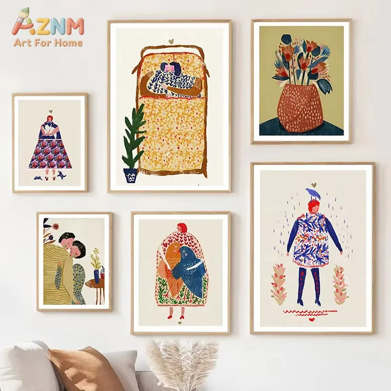 AZNM Frameless Canvas Wall Art, Folk Abstract Hugging Couple Bird Fish Floral Print, Warm Retro Hand Drawn Love Figure Botanical