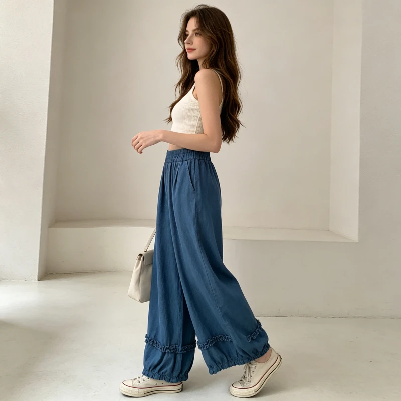 Women Jeans Denim Pant Vintage Elastic Waist Work Casual Straight Ankle Length Trousers Ruffled High Street Splice 2026 Summer