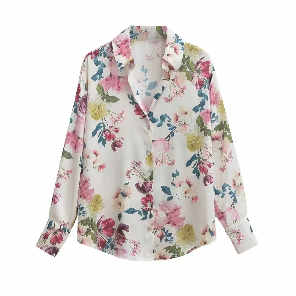 2024ZAR * Spring/Summer New Women\'s Fashion European and American Loose Style Versatile Silk Satin Texture Printed Shirt