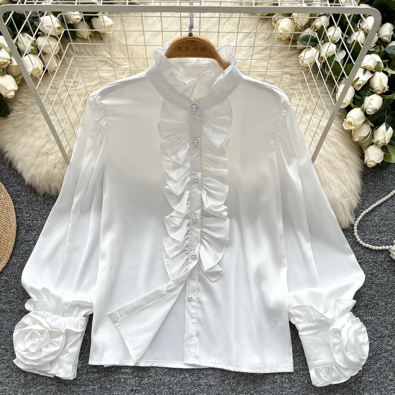 Elegant Three-dimensional Flower Long Sleeve Half High Collar Blouse Chic Korean Fashion Top Women Slim Slim Shirts